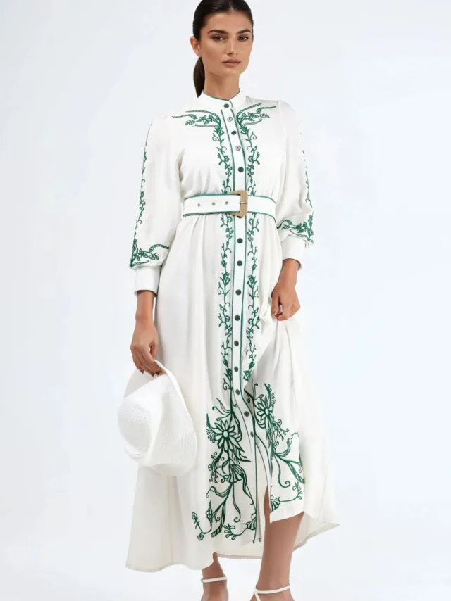 MSN Collection Bloemige Midi Hemdress met Ceintuur Wit