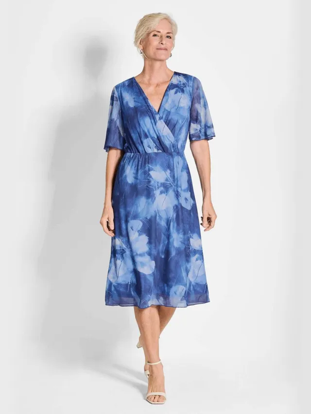 GOLDNER Mesh-jurk Wikkeljurk met bloemenprint in blauw, getailleerd blauw / gedess.