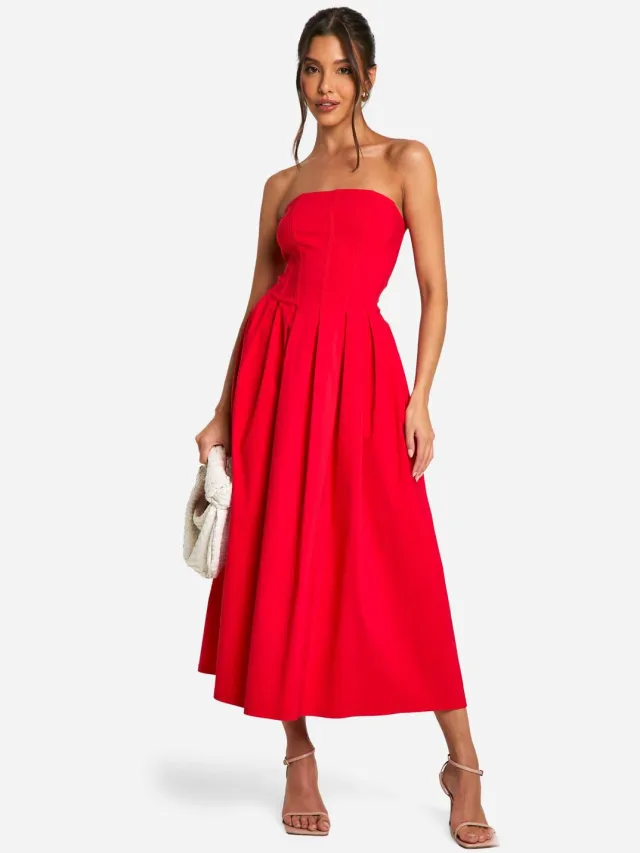 boohoo Dames Bengaline Korset Skater Midaxi Jurk Rood