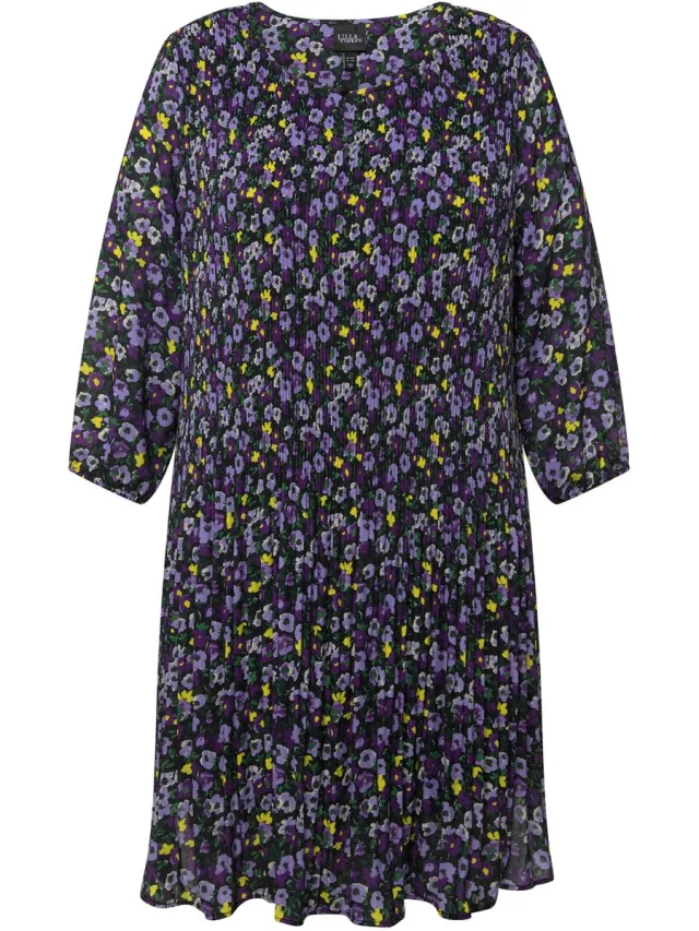 Ulla Popken Dames - Mini-jurk met plissés bloemen ronde hals 3/4-mouwen - Zwart - Maat 50+