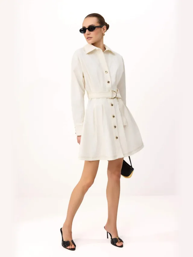 Trendyol TRENDYOLMİLLA Dames Ecru Effen Kort / Mini Lang Casual Blousejurk Jurken