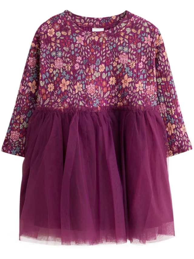 Next Meisjes - Geribbelde jurk met mesh en lange mouwen - Paars Burgandy Floral