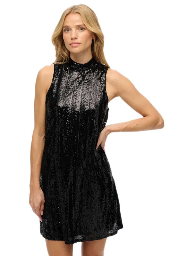 Superdry A Line Mouwloze Korte Jurk Zwart XL Vrouw Black