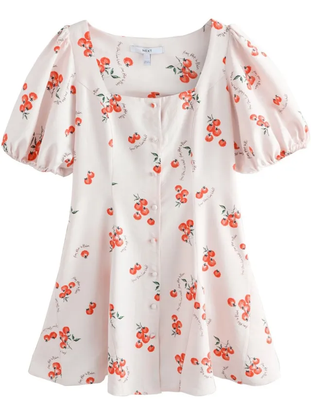 Next Dames - Mini-jurk met knopen en pofmouwen - Crème Ecru Tomato Print