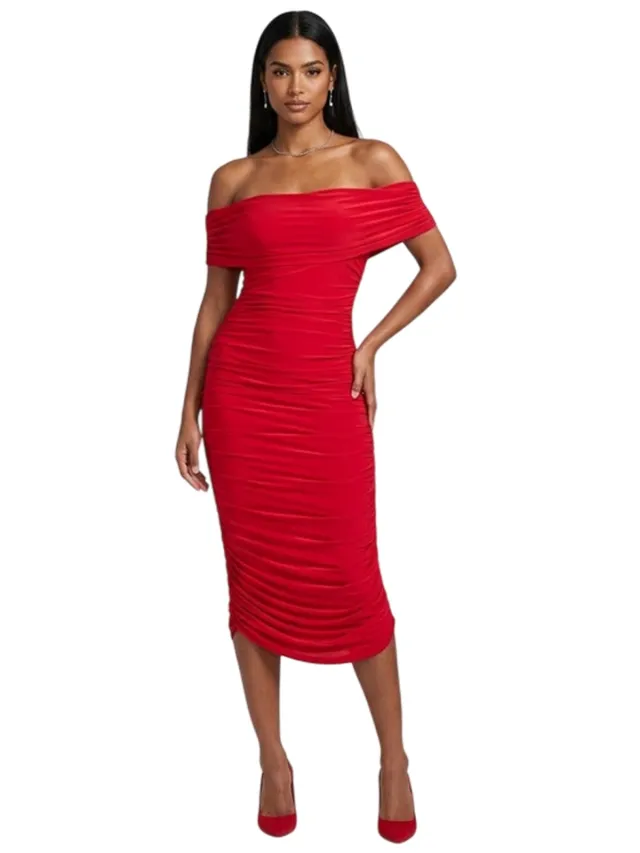 Biba Midi-jurk voor dames met ruches en blote schouders, strakke pasvorm (Rood)