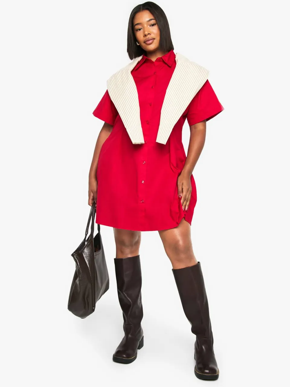 boohoo Dames Plus Poplin getailleerde overhemdjurk rood, foto 2
