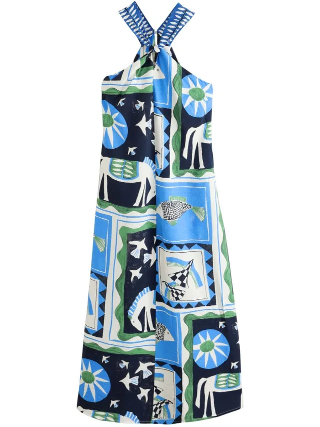 Next Dames - Halflange halterjurk met gedraaide hals - Blauw Blue Mediterranean Print