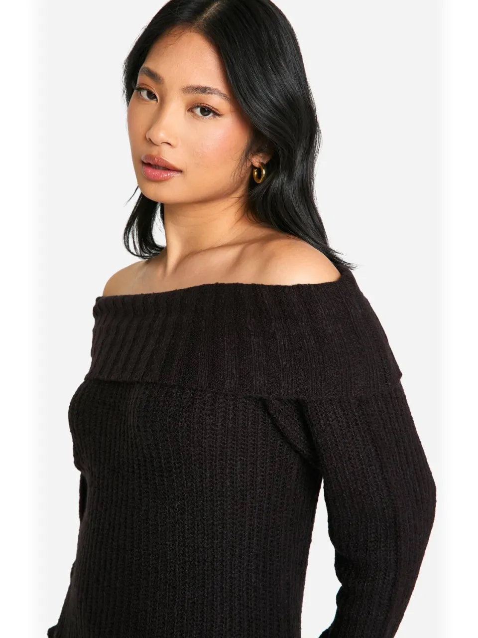 boohoo Dames Petite Wide Rib Bardot-neklijn mini jumpersjurk zwart, foto 3