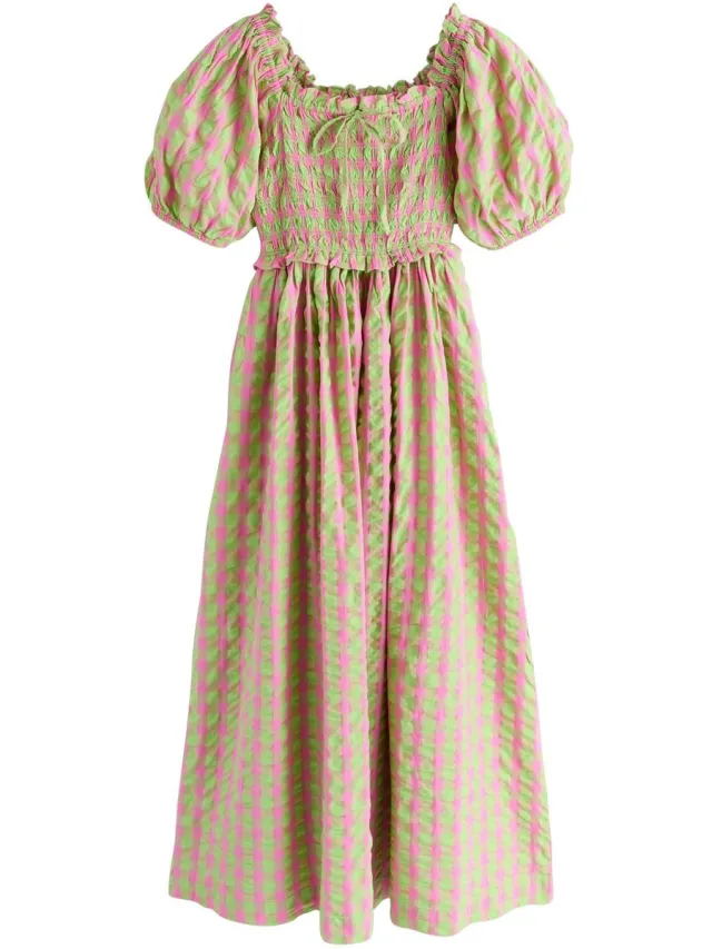 Next Dames - Gesmokte midi-jurk met pofmouwen - Groen Green/Pink Gingham