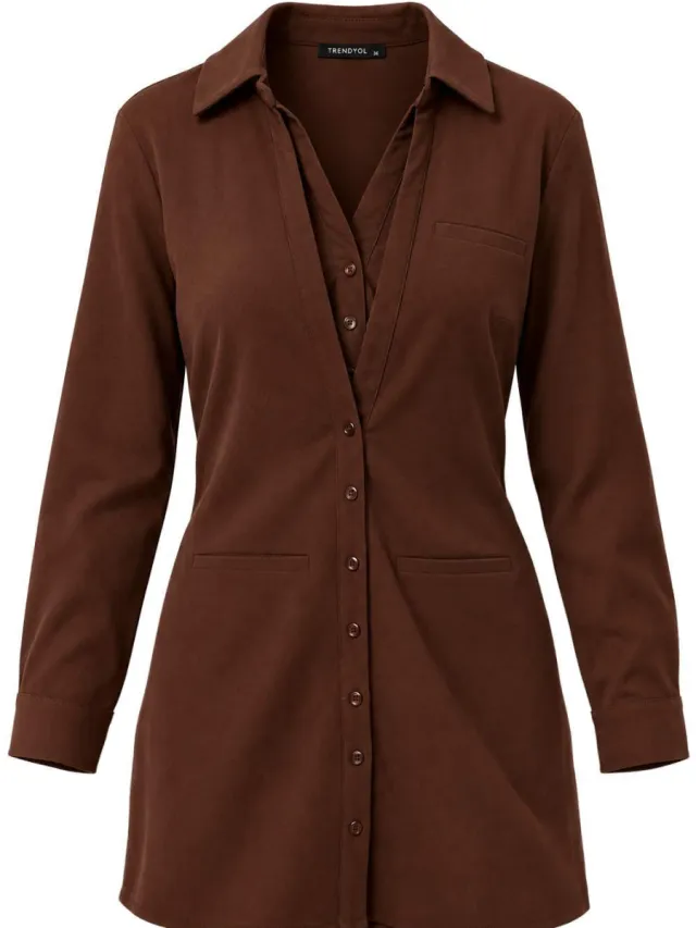 Trendyol TRENDYOLMİLLA Dames Bruin Effen Kort / Mini Lang Blousejurk Jurken