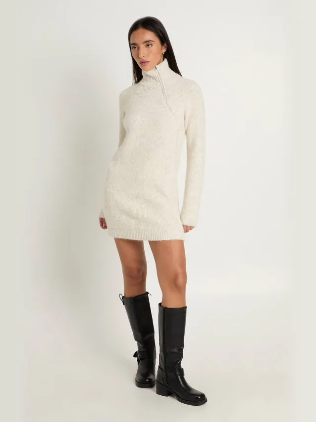 boohoo Dames Gebreide Mini-jurk Met Ritssluiting En Hoge Kraag Steen