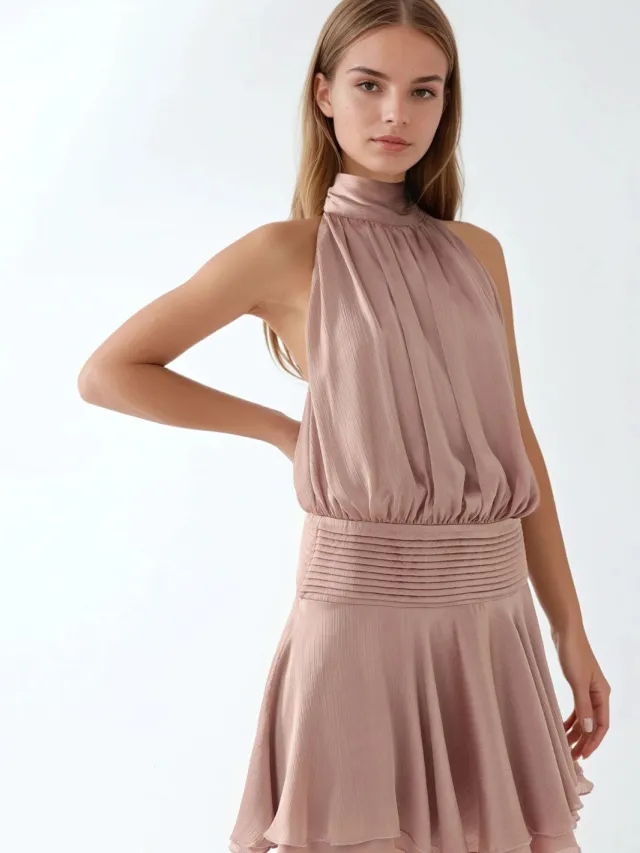 Hiccup Gestructureerde Turtleneck Mini Jurk Lichtroze