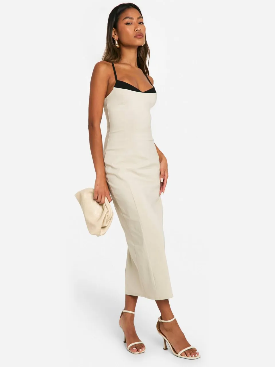 boohoo Dames Contrast Insert Bengaline Midaxi Jurk steen, foto 2