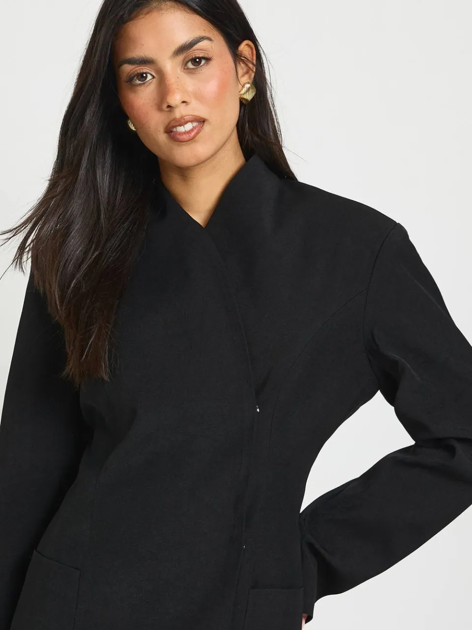 boohoo Dames Gestructureerde Hoge Hals Wikkel Voorkant Blazer Jurk zwart, foto 4