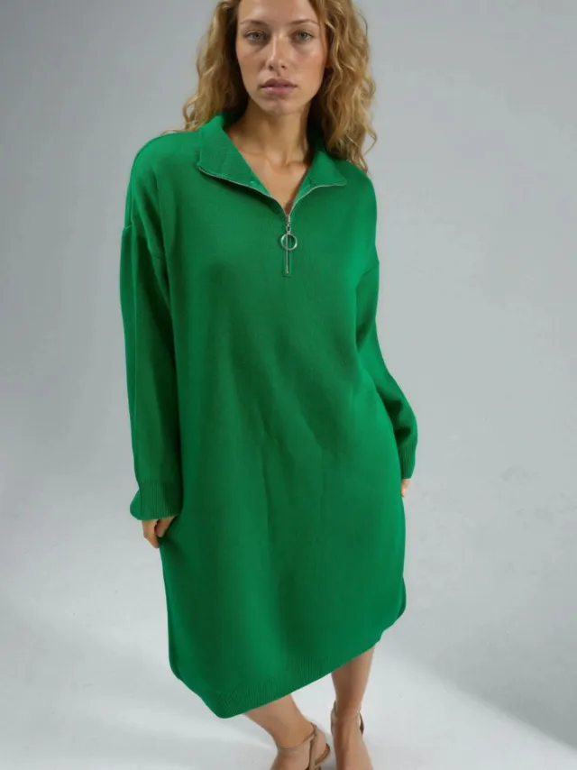 MyFashion Geribbelde gebreide midi-jurk met ritssluiting bij de kraag Groen