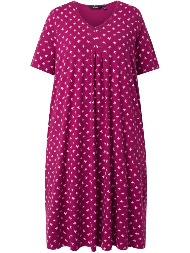 Ulla Popken Dames - Midi-jurk sterren V-hals korte mouwen zakken - Magnoliarood - Maat 50+
