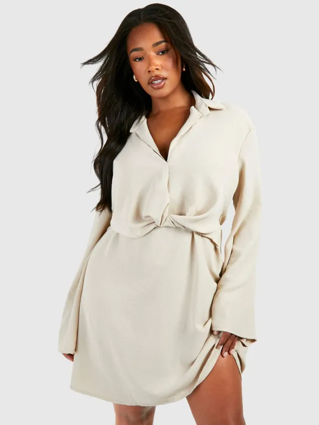 boohoo Dames Plus Hammered Twist Front Shift Jurk Steen