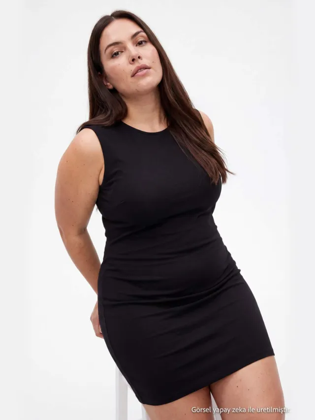 Trendyol Curve Dames Zwart Effen Midi Mouwloos Shift-model Grote maten Jurk