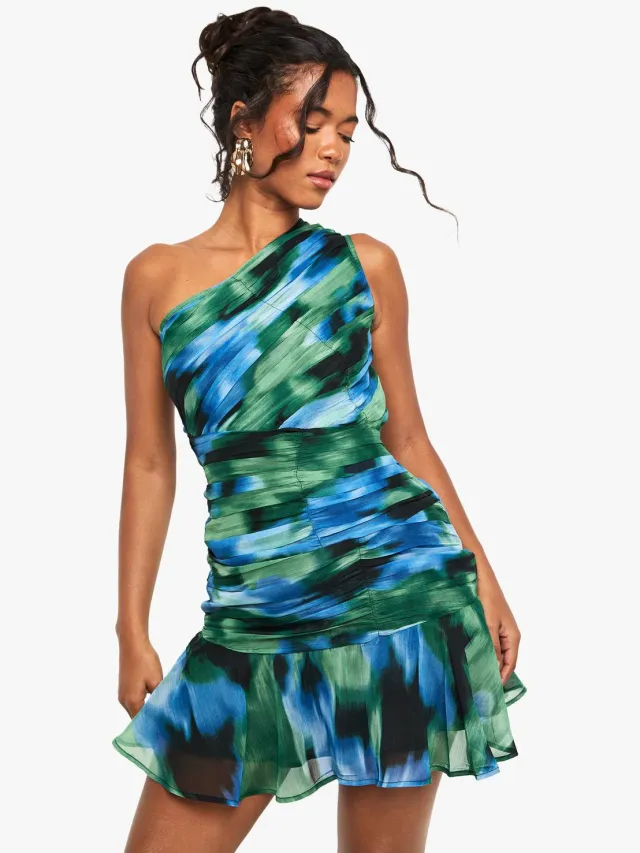 boohoo Dames Abstract bedrukte geplooide one-shoulder mini-jurk Blauw