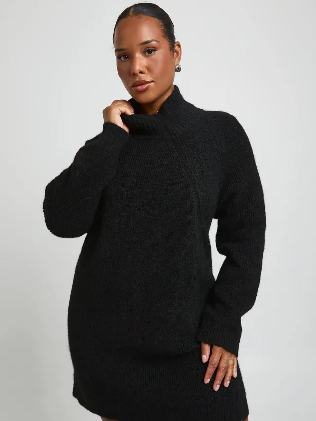 boohoo Dames Plus Gebreide Mini-jurk Met Hoge Kraag En Doorlopende Rits Zwart