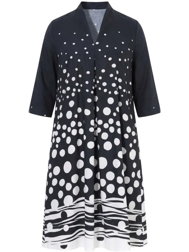 Ulla Popken Dames - Midi-jurk stippen lyocell gobletkraag 3/4-mouwen - Zwart - Maat 58+