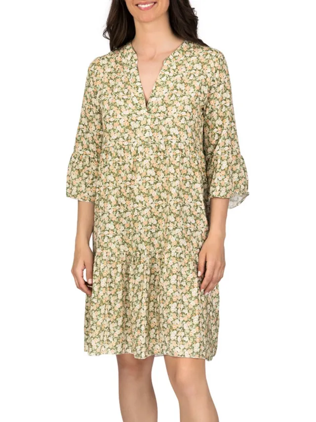 DENIMFY Dames Jurk DFFrida regular fit Groen M/L V Hals Volwassenen Zomerjurk Mille Fleurs Green