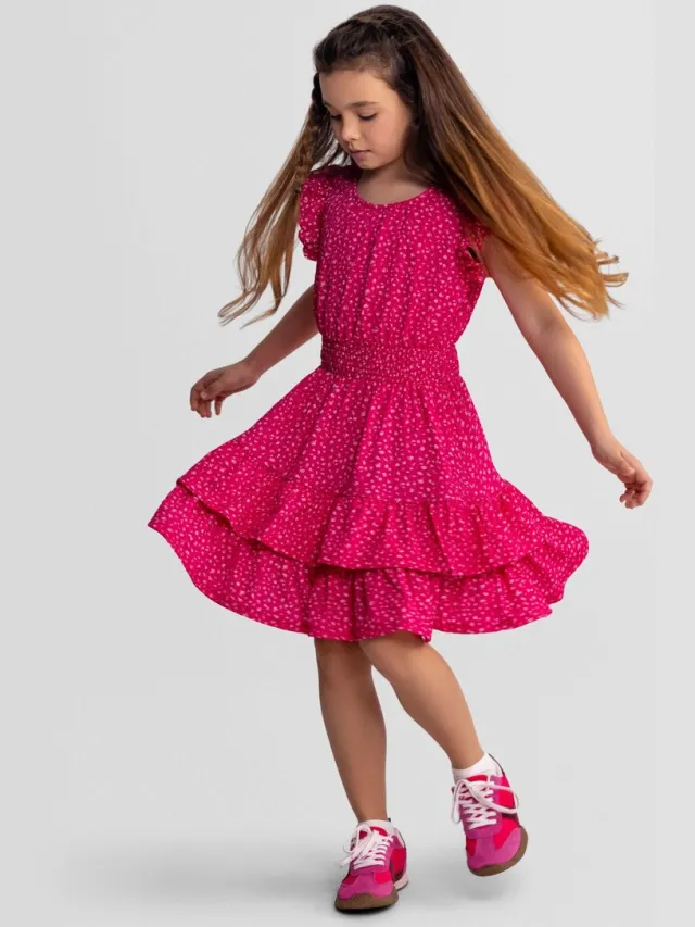 Minoti jurk meisjes bloemenprint - gelaagde kinderjurk roze
