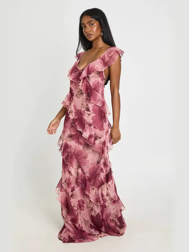 boohoo Dames Maxi Jurk Met Tonale Bloemenprint En Ruches Van Chiffon Roos
