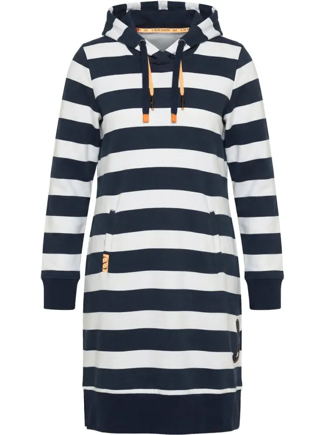 Laurasøn Dames - Sweatjurk met strepen capuchon OEKOTEX - Marine - Maat 52+