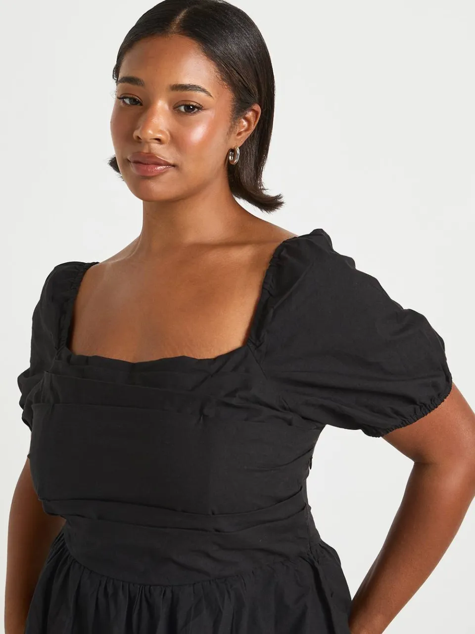 boohoo Dames Plus Katoenen Poplin Korte Mouw Pofbal Jurk zwart, foto 4