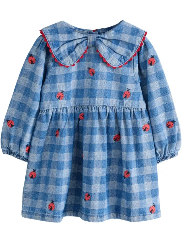 Next Meisjes - Jurk met lange mouwen, kraag en geborduurde lieveheersbeestjes - Blauw Blue Denim Check