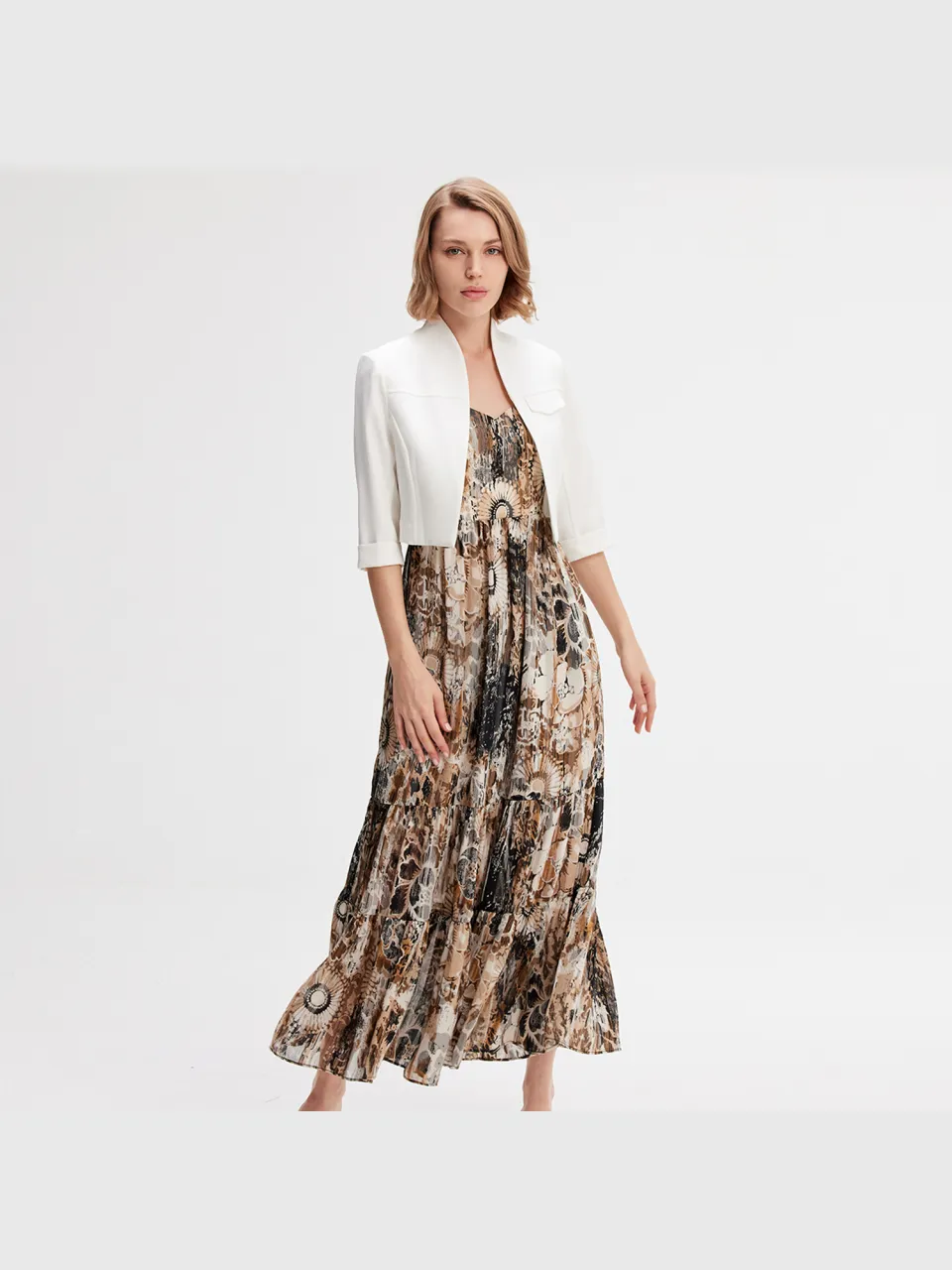 Smart & Joy Bustier Chiffon Maxi -jurk met abstracte bloemenprint beige, foto 2