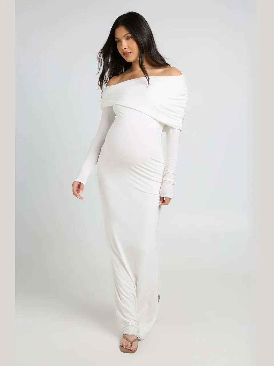 boohoo Dames Zwangerschaps Double Slinky Bardot Lange Mouw Maxi Jurk crème, foto 3