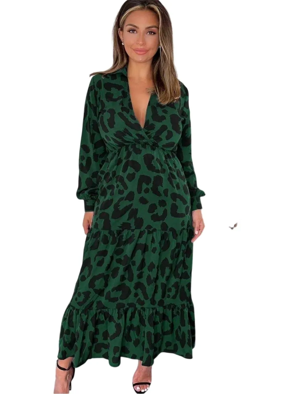 AX Paris Damesjurk met lange mouwen en luie pasvorm in luipaardprint (Groen)