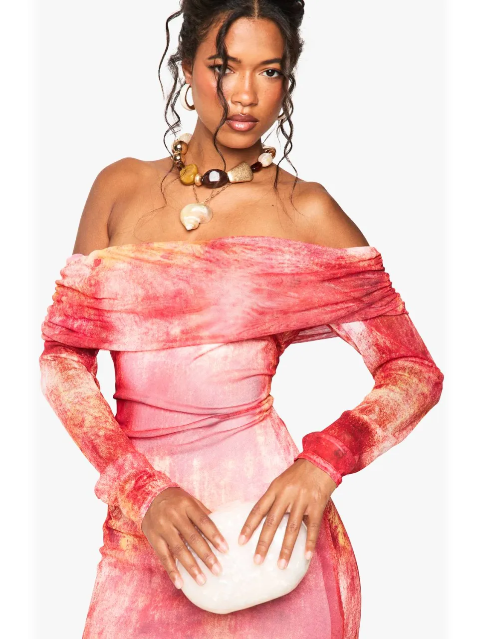 boohoo Dames Vervaagde Abstracte Bardot Maxi-jurk roze, foto 2