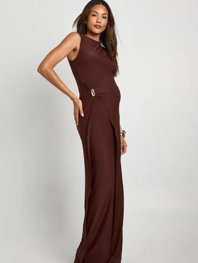 boohoo Dames Zwangerschapsjurk met versieringsdetail en gerimpelde maxi-jurk Chocoladebruin