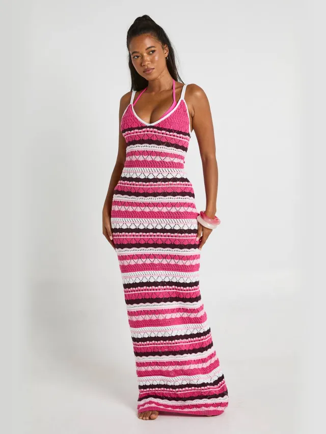 boohoo Dames Gehaakte Maxi-jurk Met Streepsteek Roze