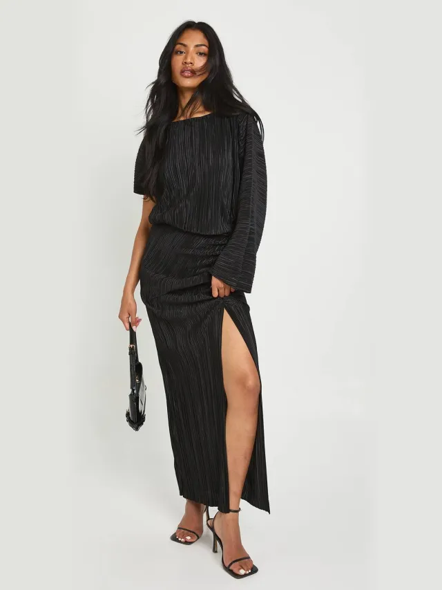 boohoo Dames Plisse Gerufelde Gespleten Maxi Jurk Zwart