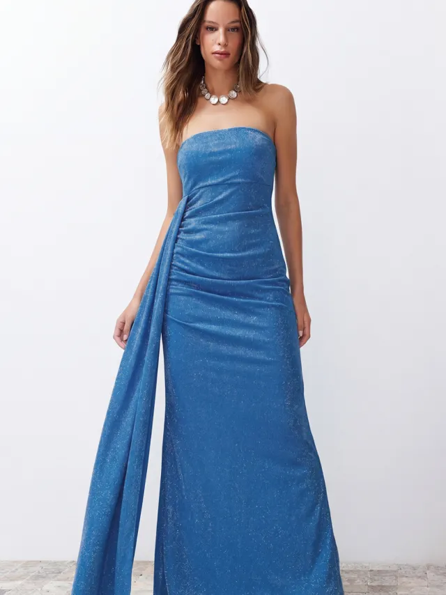 Trendyol TRENDYOLMİLLA Dames Blauw Effen Maxi Mouwloos Diploma-uitreiking / Gala A-lijn Avond & Gala Jurk