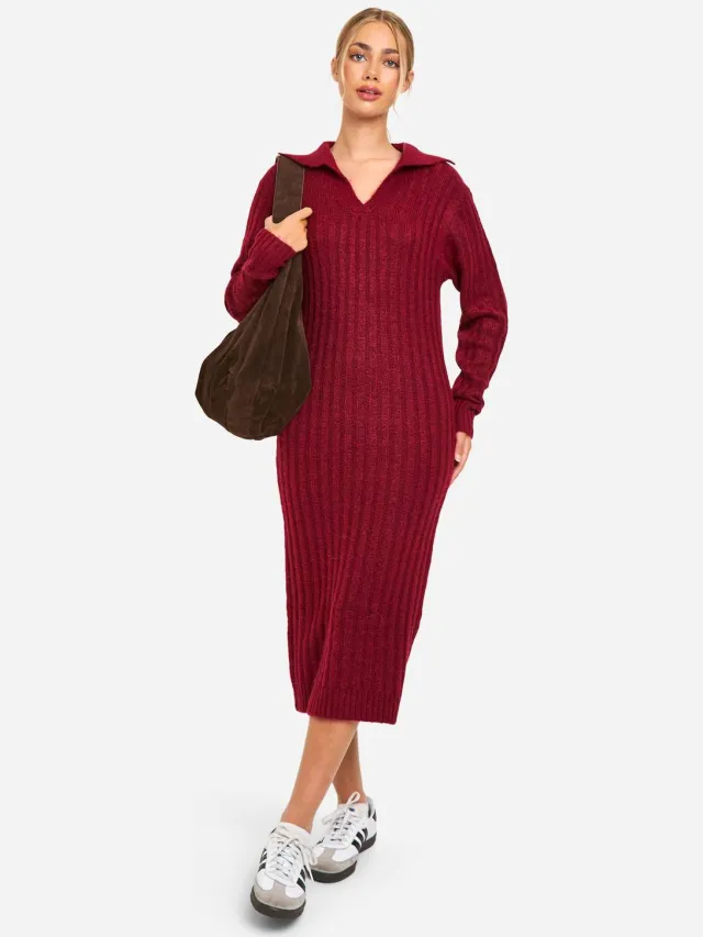 boohoo Dames Soft Knit Thick Rib Collar Detail Midaxi Dress Bessen