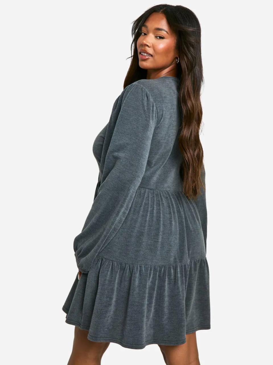 boohoo Dames Plus Two Tone Rib Tie Front Smock Jurk grijs, foto 2