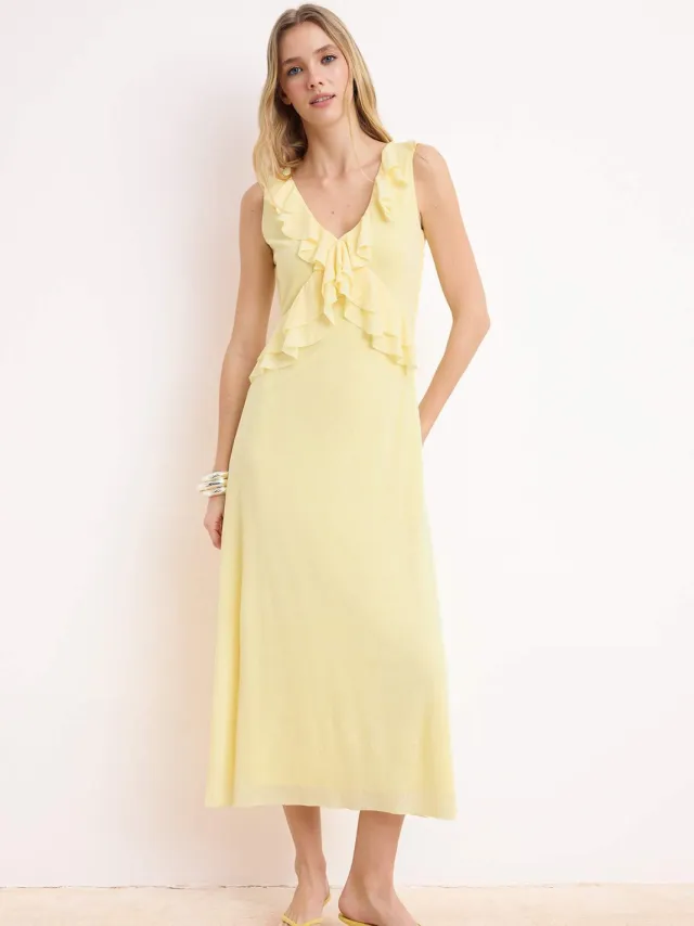 Trendyol TRENDYOLMİLLA Dames Geel Effen Midi Mouwloos Casual A-lijn Jurken