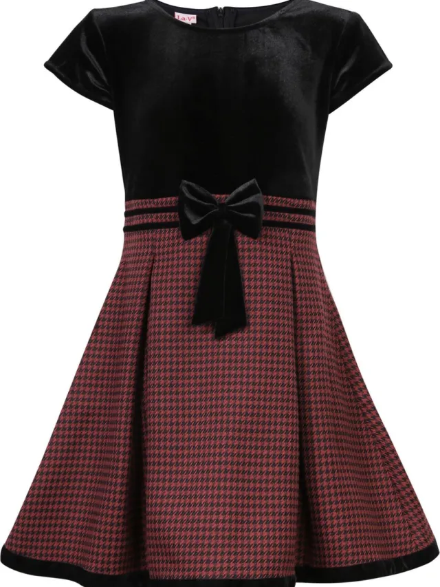 La V Feestelijke jurk met pied-de-poule dessin -Aubergine 134 Aubergine met pied-de-poule