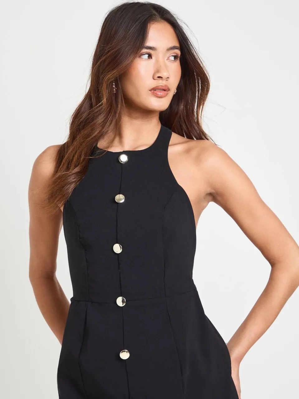 boohoo Dames Bengaline Mini-jurk Met Gouden Knopen En Halternek, foto 2