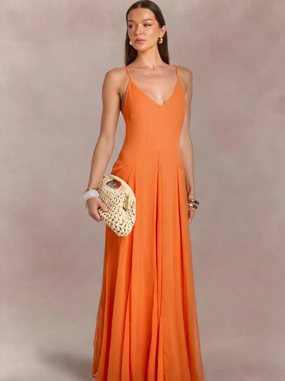 boohoo Dames Bandjes Cami Vloerlange Maxi Jurk oranje, foto 3