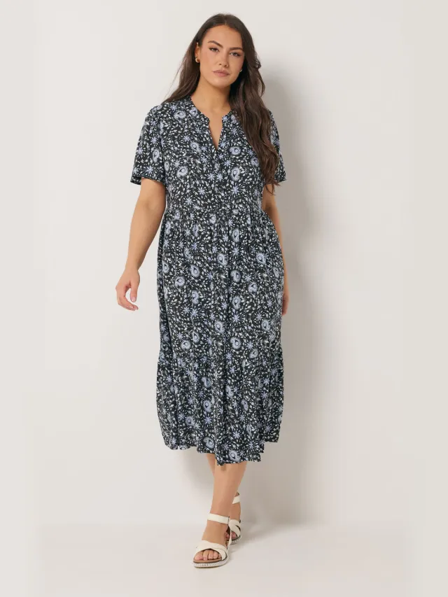 Yours Zwarte Maxijurk Met Bloemenprint En Halve Knoopsluiting-64 Black