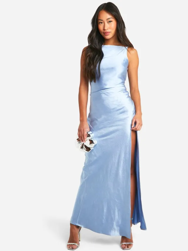 boohoo Dames Bruidsmeisje Satijn Maxi-jurk met uitgesneden halslijn Blauw