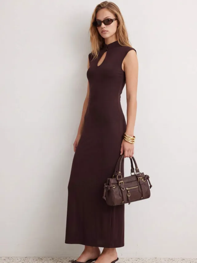 Trendyol TRENDYOLMİLLA Dames Bruin Abstract Maxi Mouwloos Bodycon Jurken, foto 2