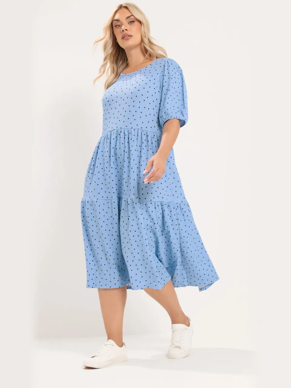 Yours Blauwe Jurk Met Stippen En Pofmouwen-64 Blue