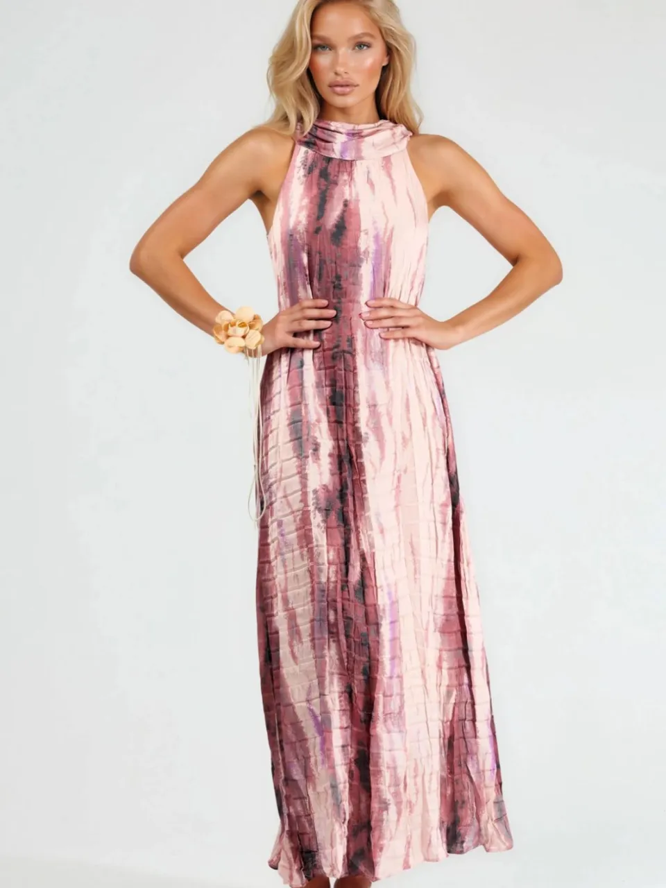 QU Style Textuur Abstract Patroon Maxi Jurk met Halterkraag blush, foto 2